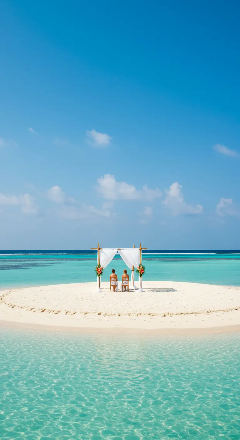 Intieme ceremonie voor twee op een kleine zandbank met turquoise water.