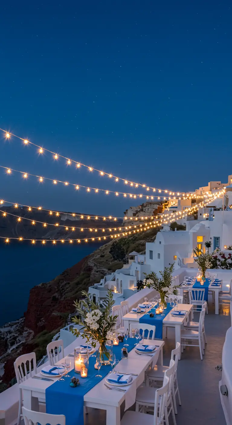Bruiloft op Santorini 's nachts met witte tafels, blauwe lopers en veel stringlights.