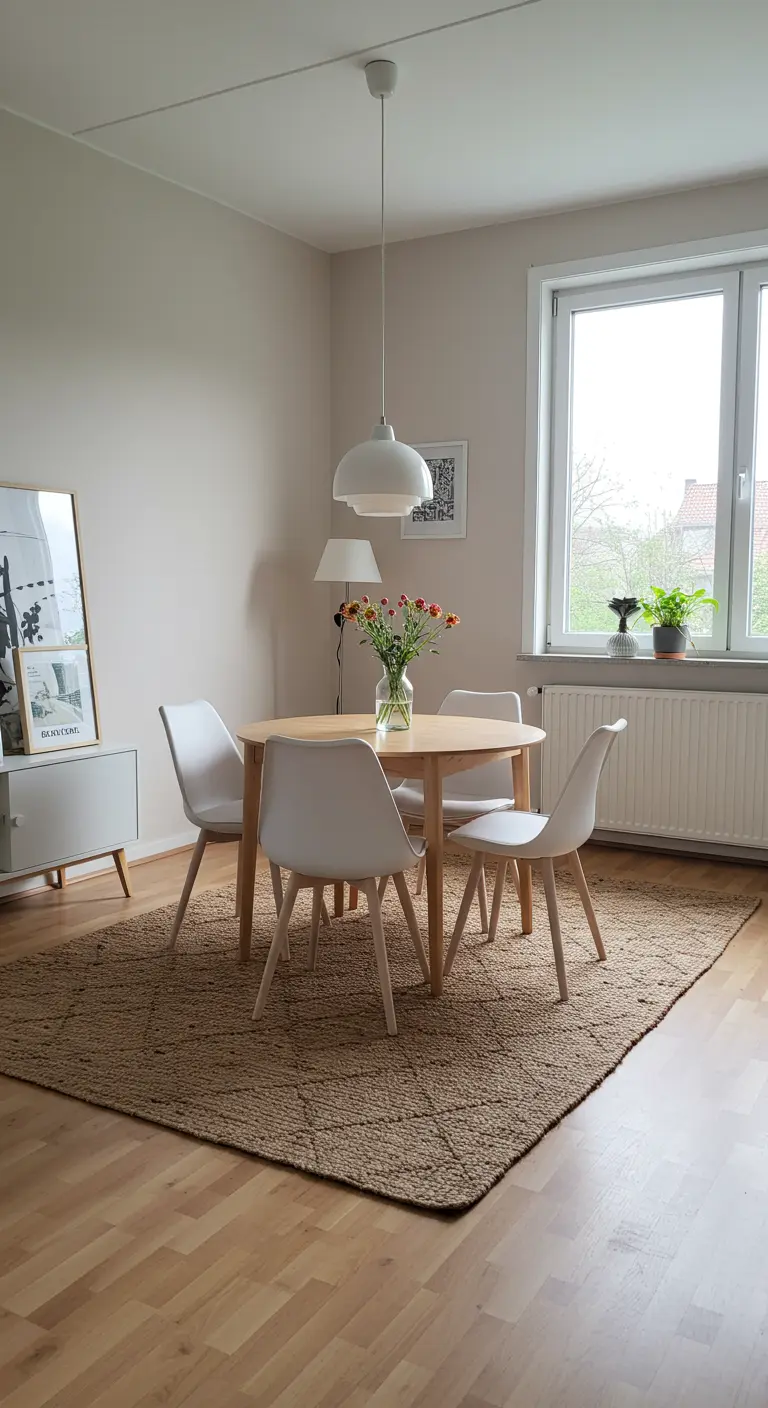 Ronde eettafel met witte stoelen op een rond jute vloerkleed.