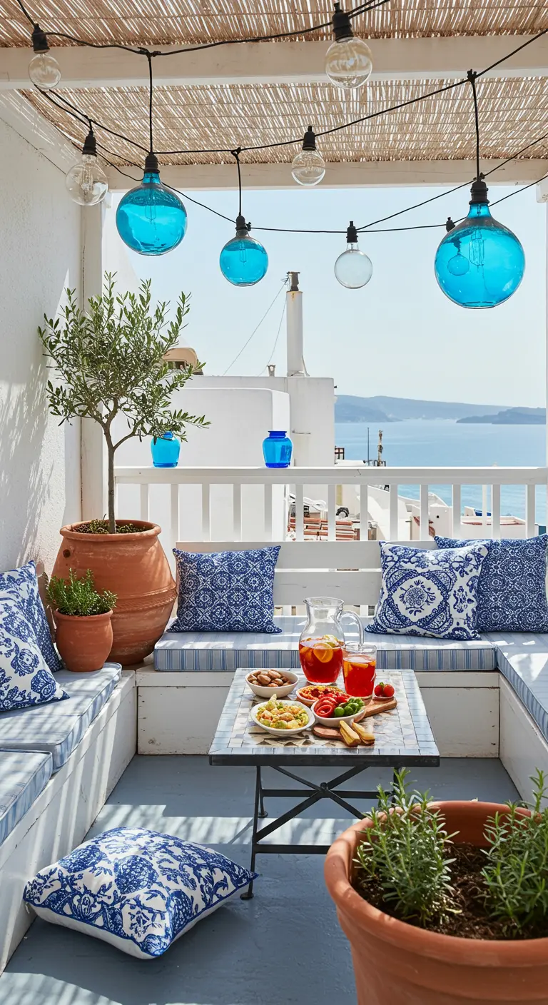 Balkon in Ibiza-stijl met wit-blauwe kussens, olijfboom en blauwe glazen lampionnen.