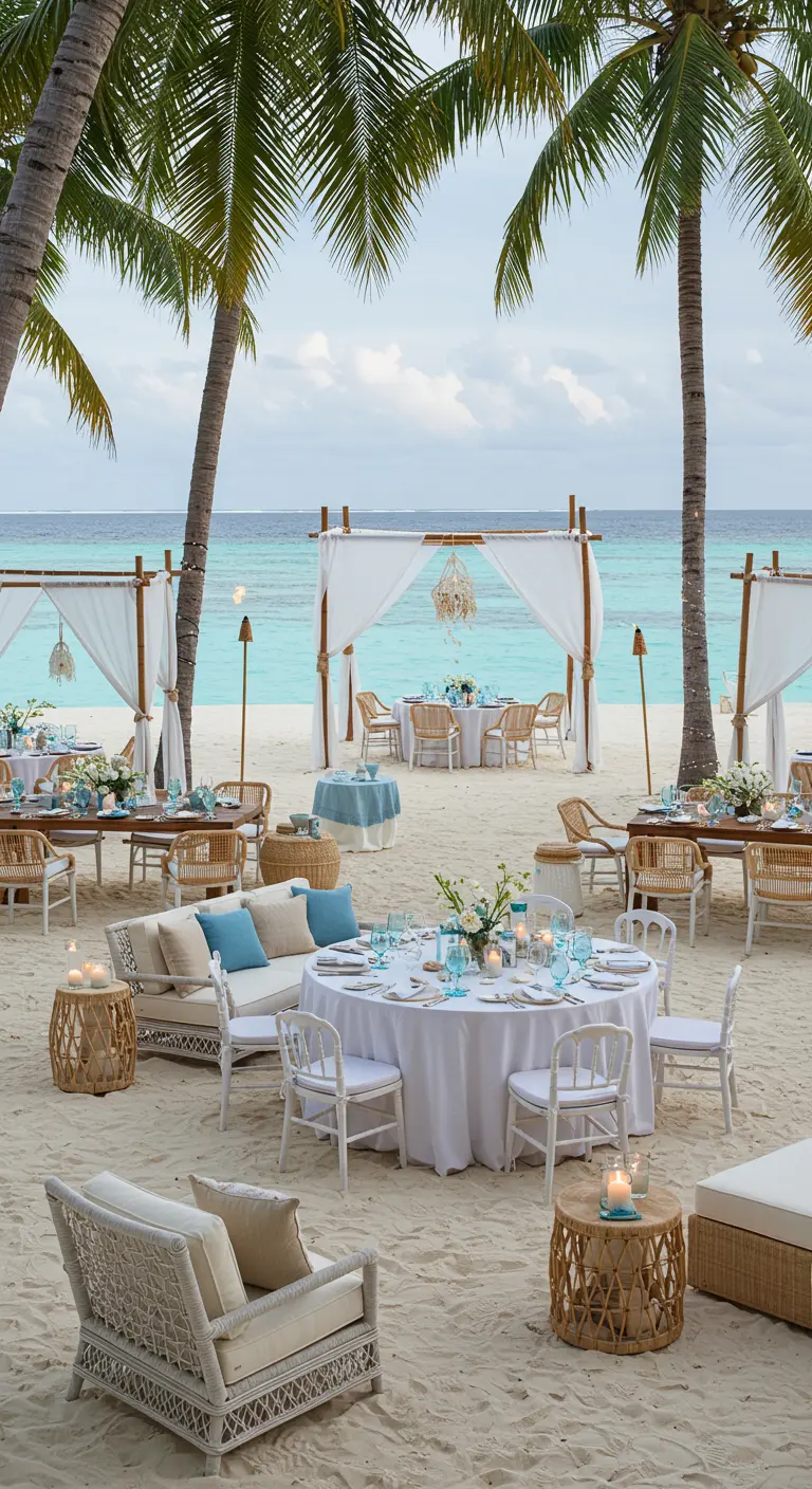 Strandfeest met witte tafels, stoelen, gazebo's met witte doeken en blauwe accenten.