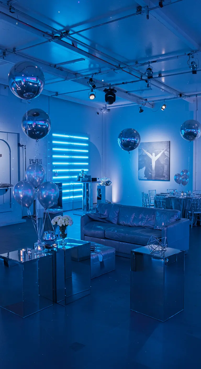 Moderne blauwe feestruimte met neonverlichting, spiegelende tafels en ballonnen.