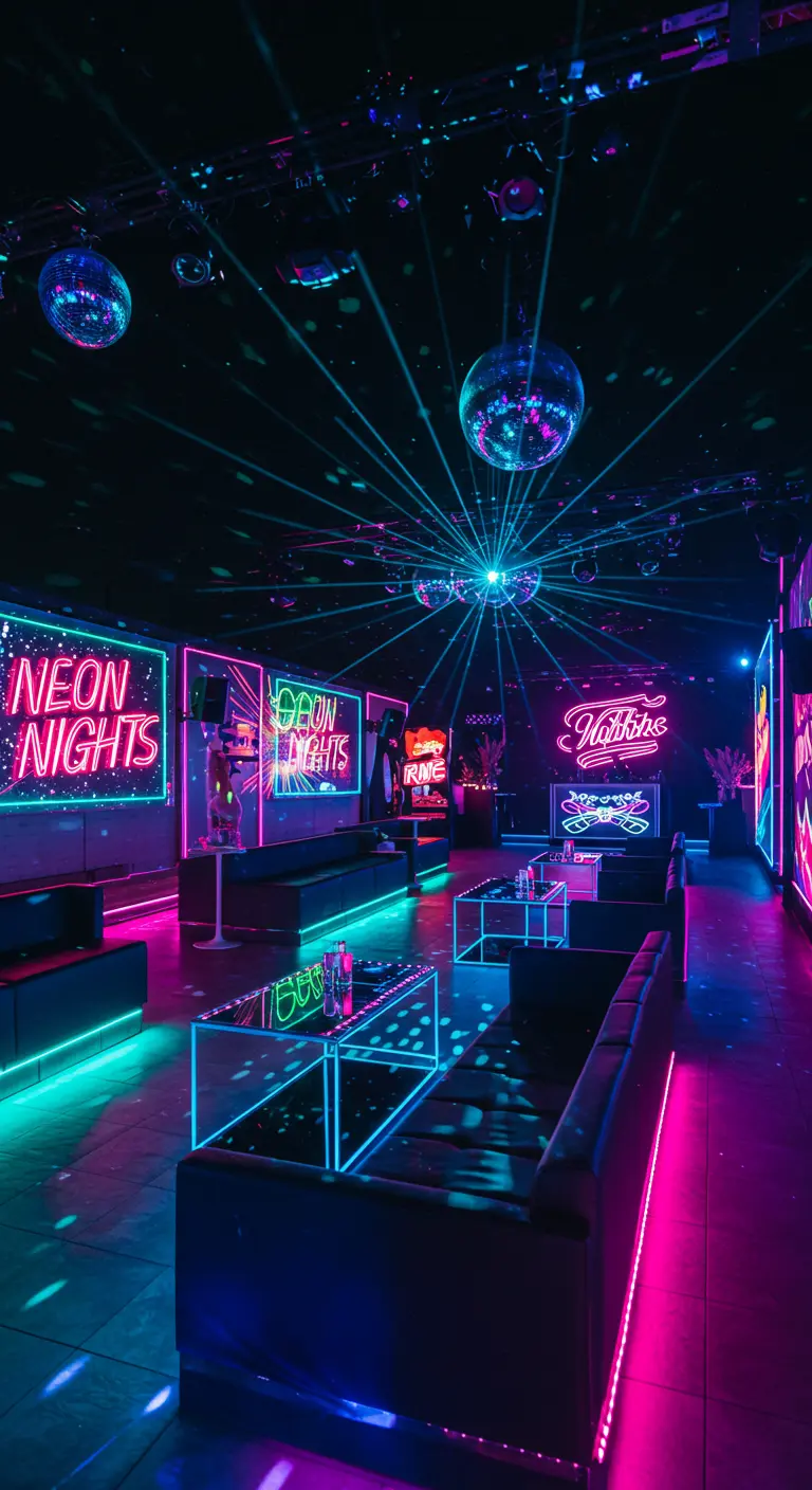 Dakterras als nachtclub met neonverlichting, donkere meubels en discoballen.