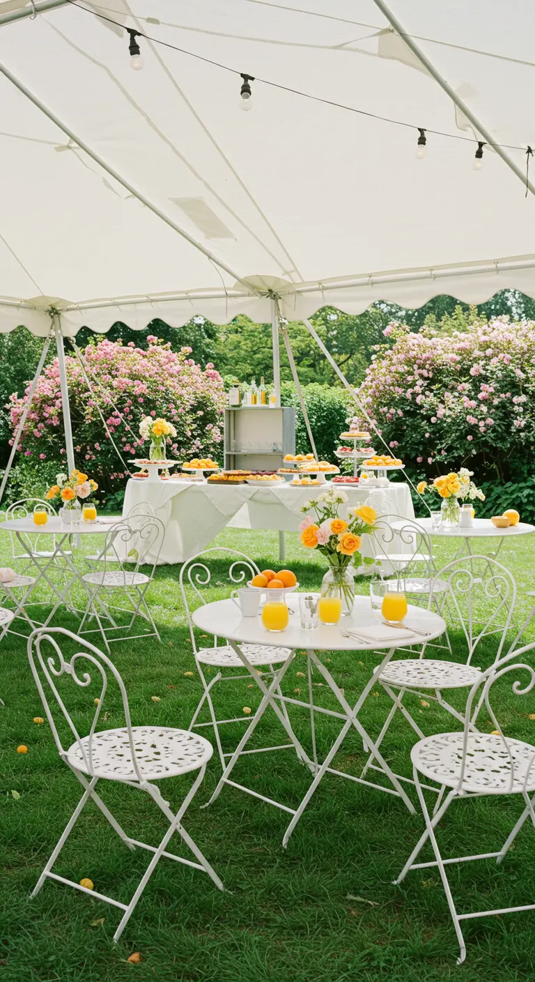 Witte tent met bistrostoelen, ronde tafels en gele bloemen in een tuin.