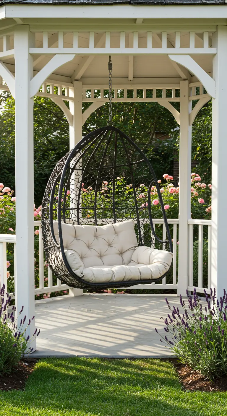 Zwarte metalen duo-hangstoel met crèmekleurige kussens in witte gazebo.