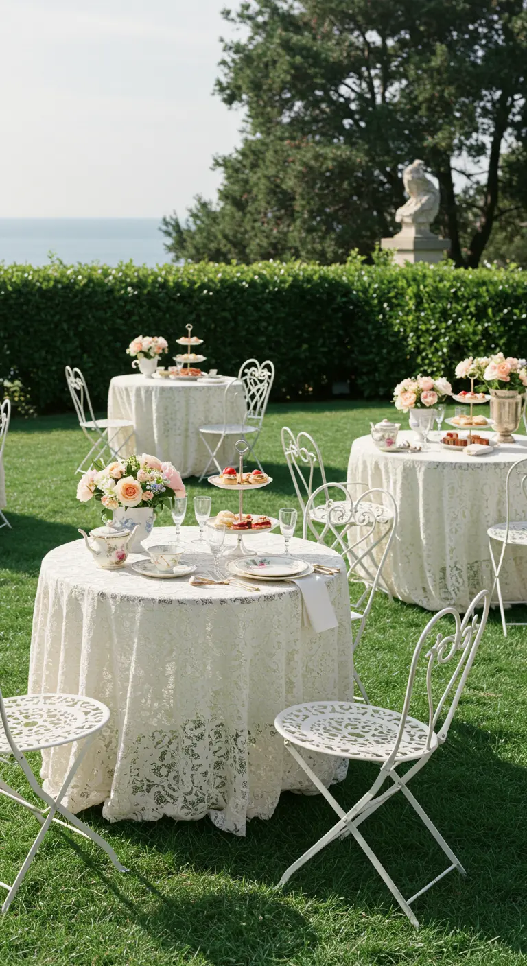 Tuin met ronde tafels, kanten tafelkleden, pastel bloemen en theeservies.