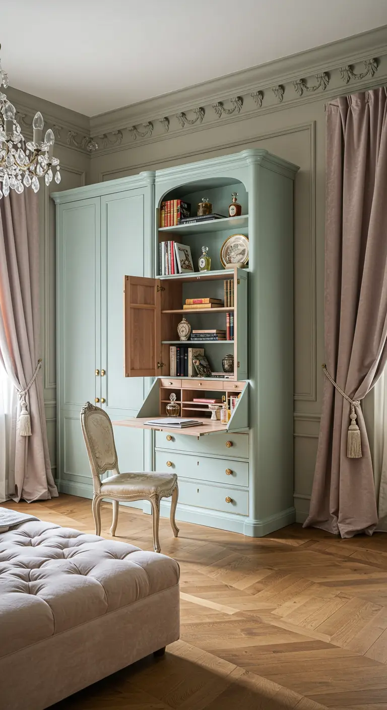 Klassieke slaapkamer met hoge mintgroene kast en ingebouwde secretaire.