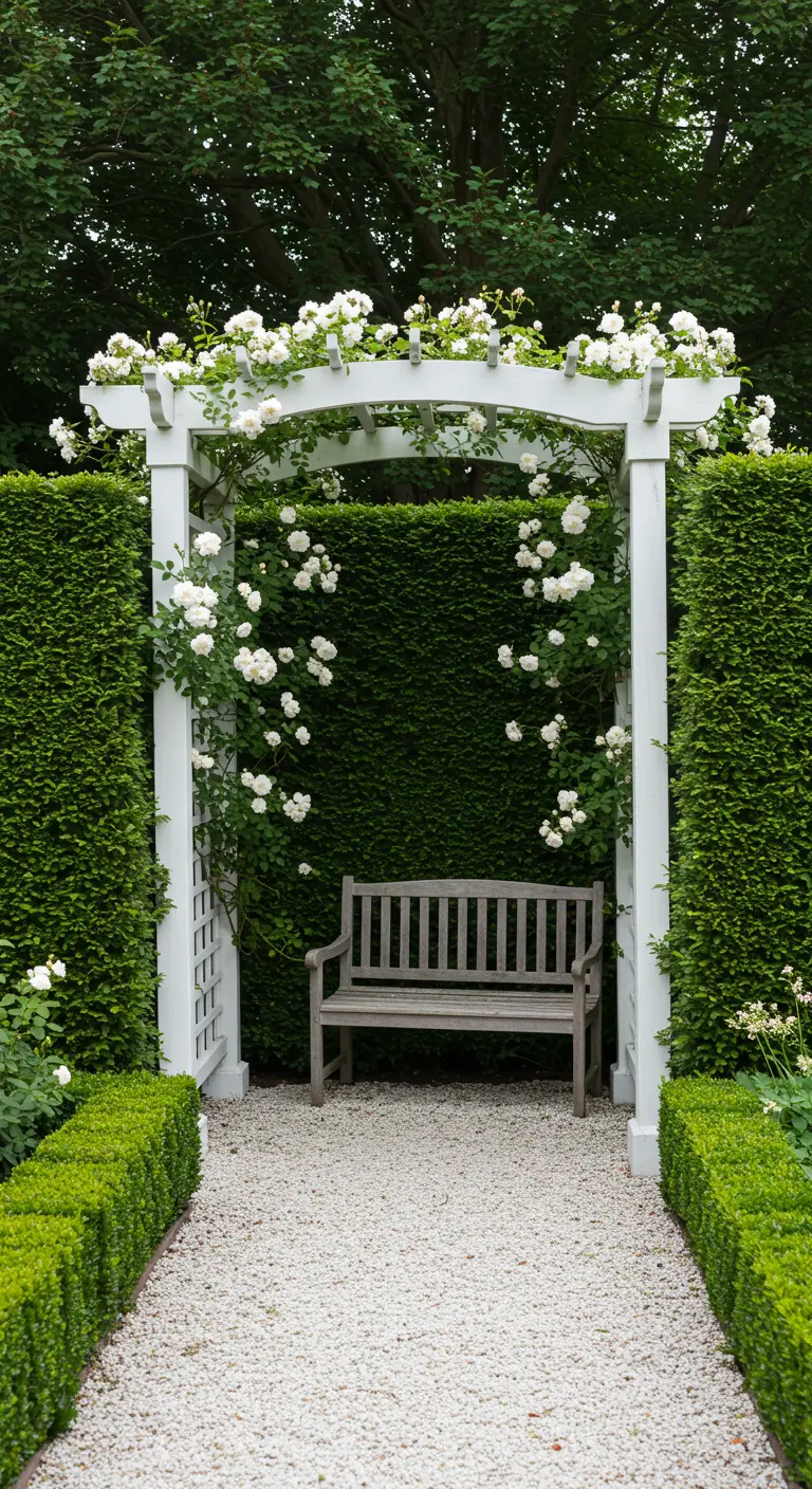 Witte pergola met witte klimrozen, houten bank, grindpad en strakke hagen.