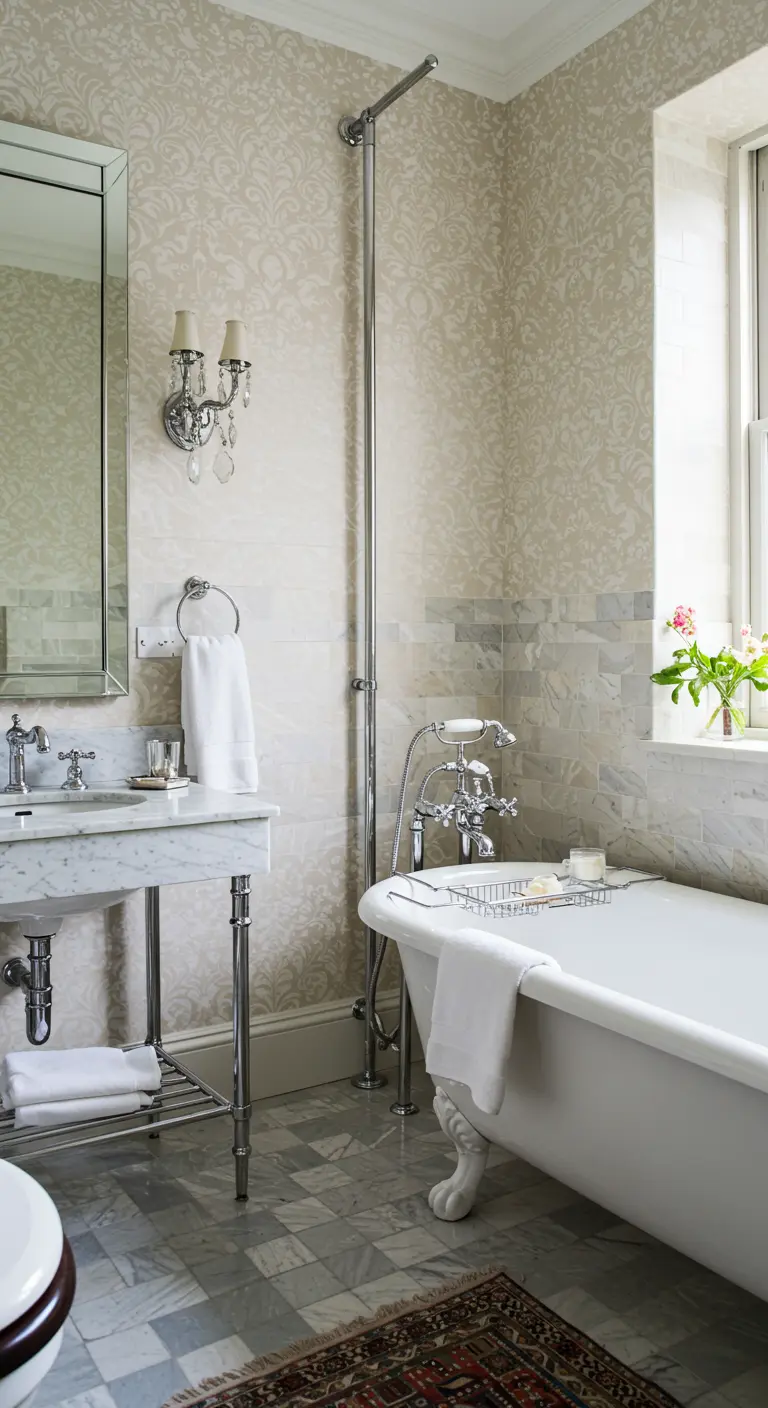 Klassieke badkamer met beige patroonbehang, chromen kranen en marmeren accenten.