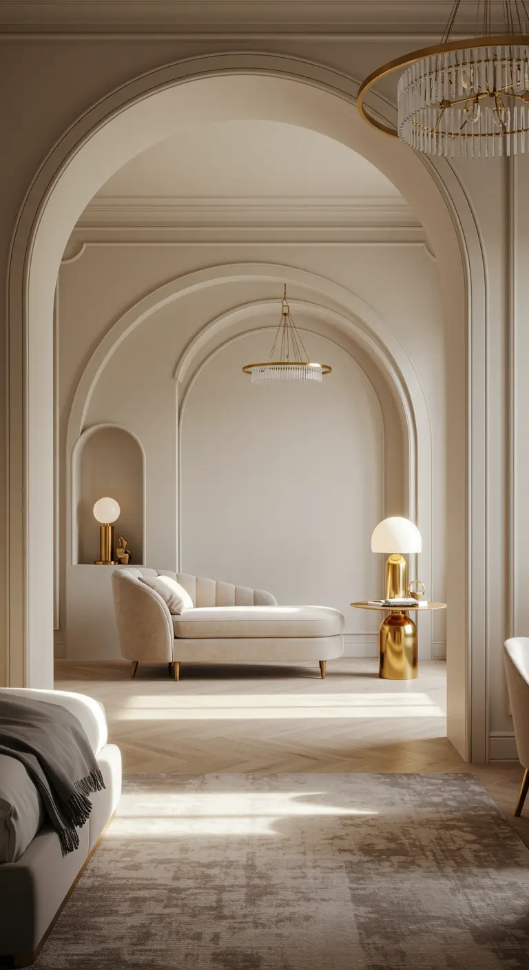 Elegante slaapkamer met architecturale bogen en een crèmekleurige chaise longue.