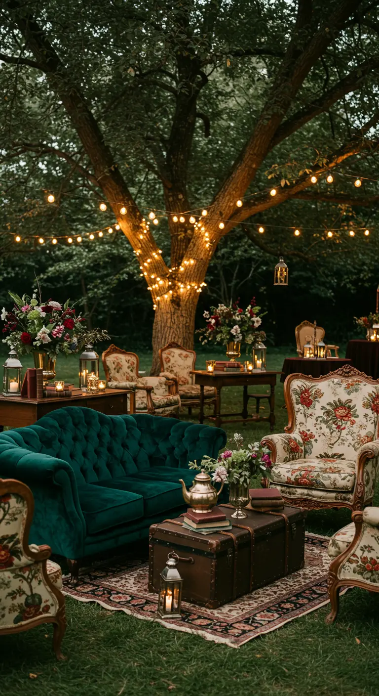 Outdoor trouwlounge met vintage fluwelen bank, fauteuils, kist salontafel en lichtslingers.
