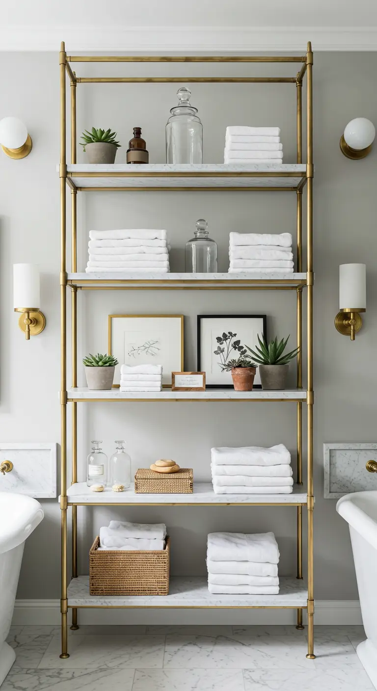 Open stellingkast van messing met marmeren planken, gevuld met handdoeken en accessoires.