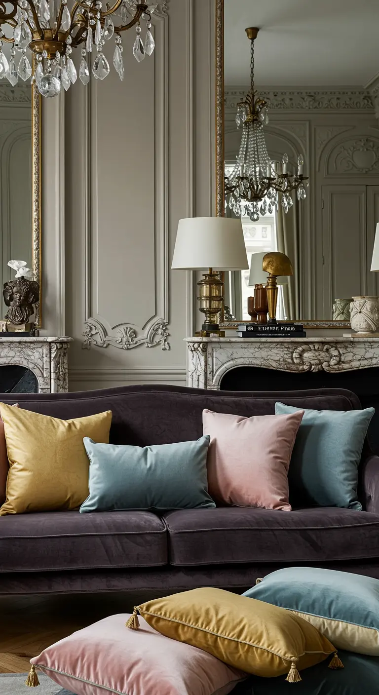 Donkere fluwelen bank met zachte pastelkleurige fluwelen kussens in een elegante klassieke woonkamer.