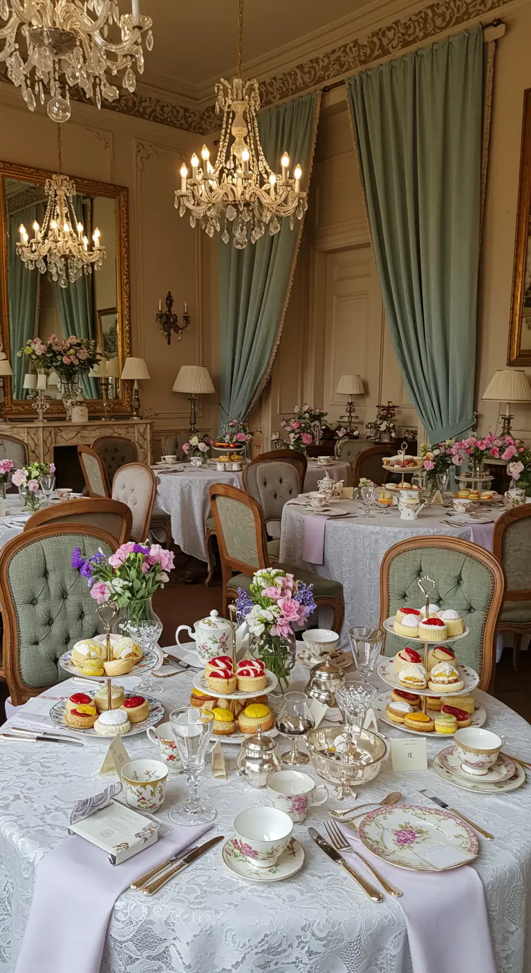 Elegant gedekte tafels voor een high tea met servies, etagères en bloemen.