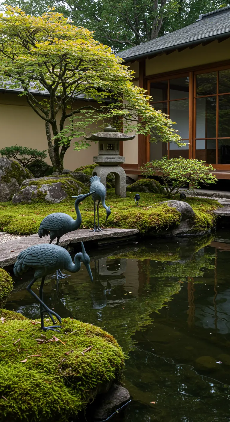Japanse tuin met een vijver waar twee stenen kraanvogelbeelden aan de waterkant staan.