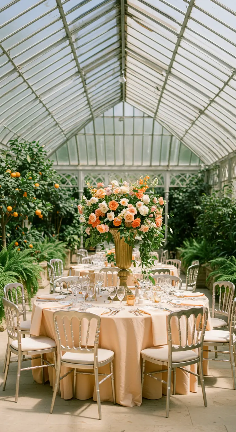 Elegante ronde ontbijttafel in orangerie met groot perzikkleurig bloemstuk.