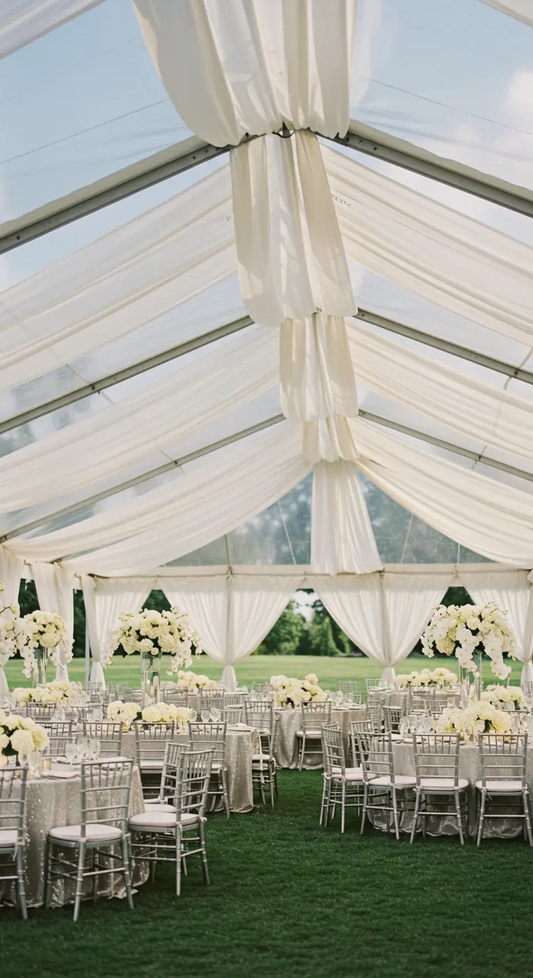 Doorzichtige feesttent met ronde tafels, witte bloemstukken en zilveren stoelen.