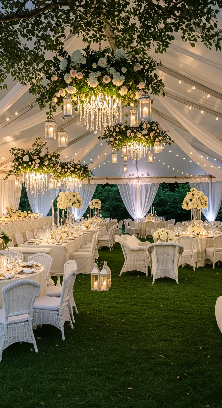 Elegant wit tuinfeest met kroonluchters, lantaarns en bloemen.
