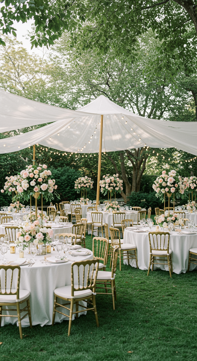 Elegante tuinbruiloft met witte tent, ronde tafels en goudkleurige stoelen.