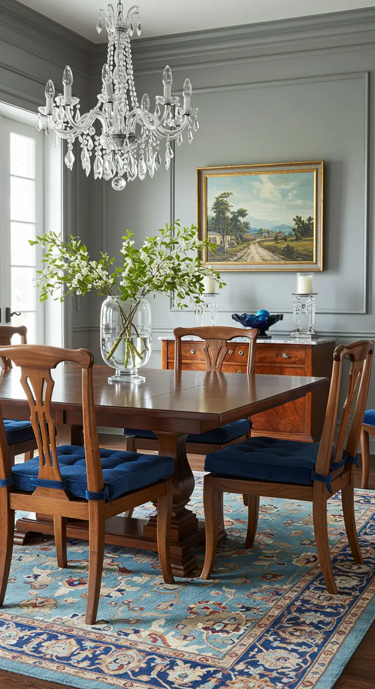 Klassieke eetkamer met houten tafel, stoelen met blauwe fluwelen kussens en Perzisch tapijt.