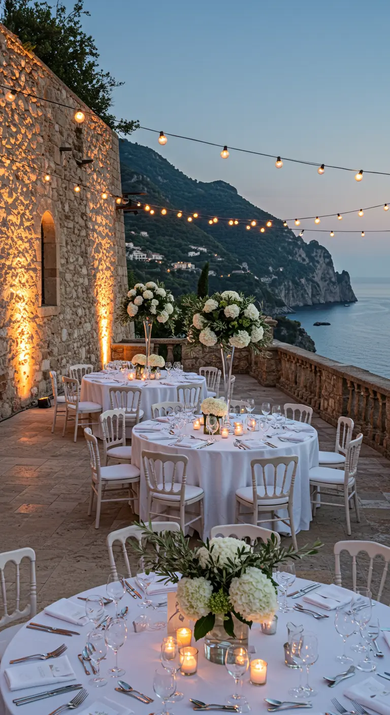 Ronde tafels met witte bloemen en kaarsen op cliffside terras