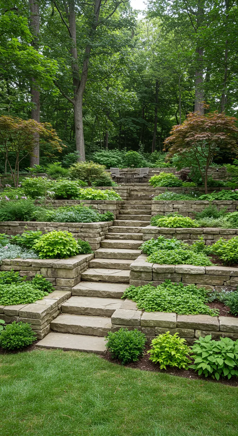 Gelaagde schaduwtuin met natuurstenen trappen en muurtjes, beplant met Elfenbloem, Hosta's en varens.
