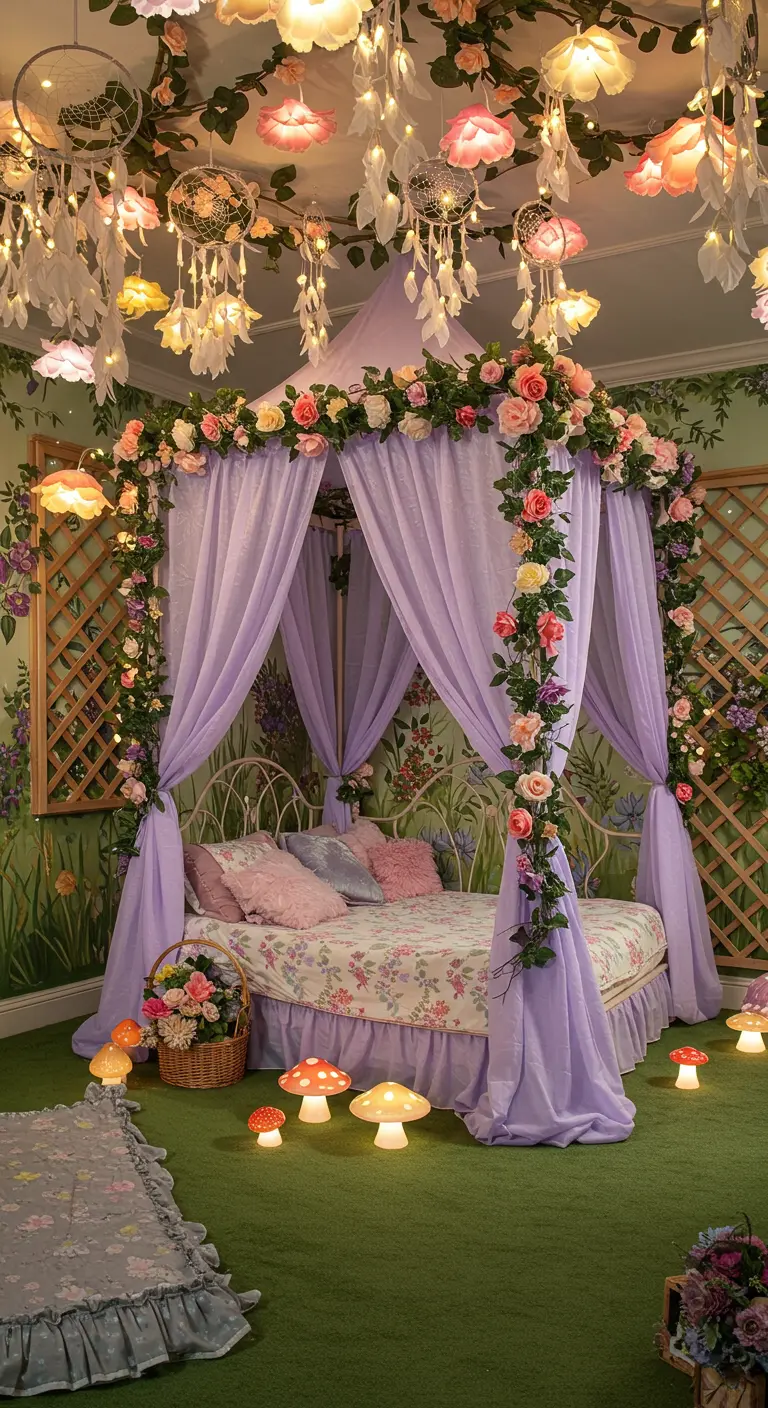 Sprookjesachtige slaapkamer met lila luifelbed, bloemenranken, dromenvangers en paddestoel lampjes.