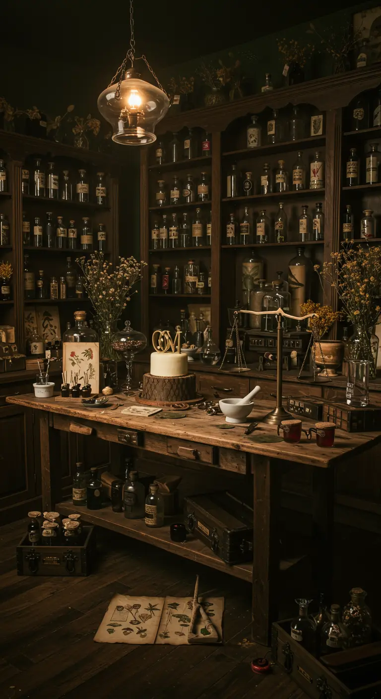 Verjaardagsfeest met vintage apothekersthema, flessen en gedroogde kruiden.