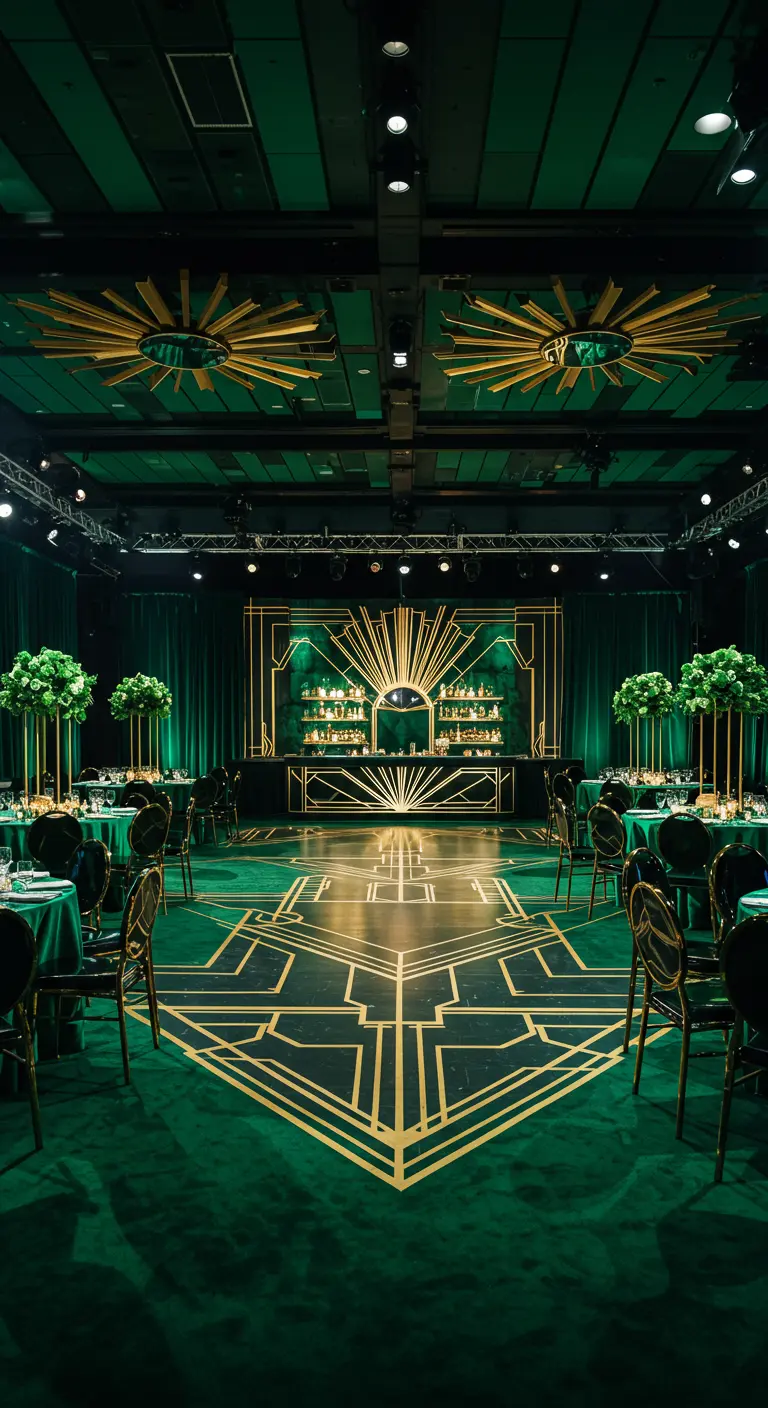 Art Deco bar en dansvloer in smaragdgroen en goud met geometrische patronen.