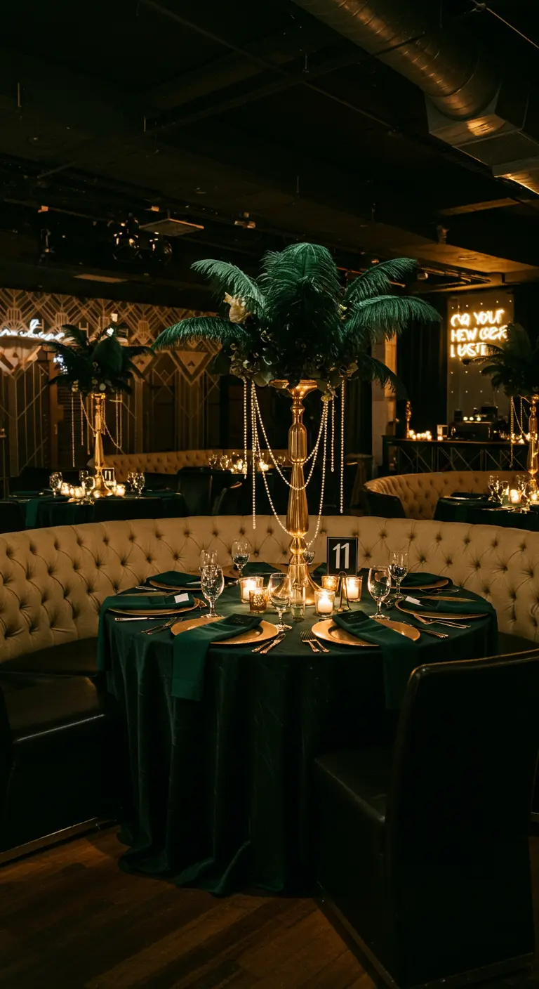 Art Deco trouwtafel met smaragdgroen fluweel, gouden details en palmbladeren.