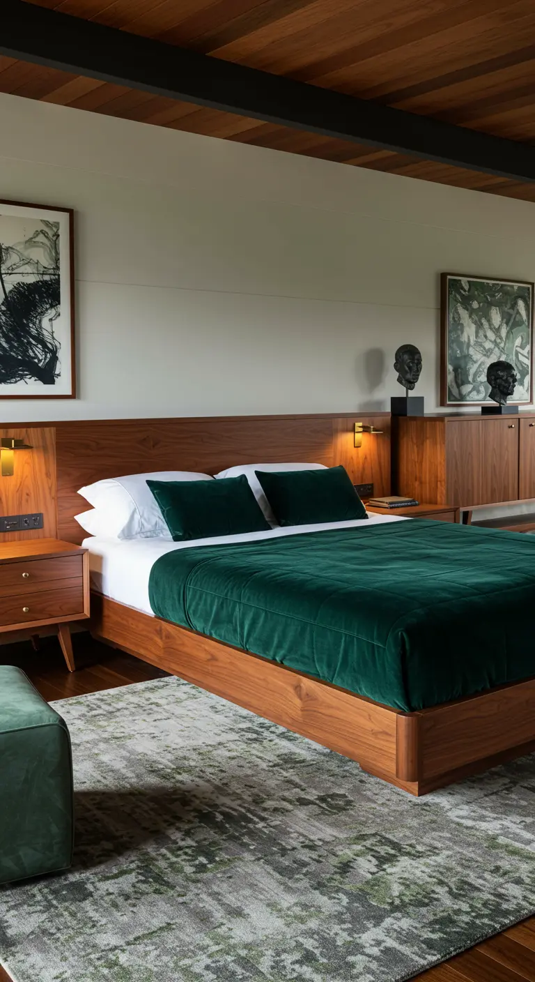 Slaapkamer met walnoothouten bed, smaragdgroen fluwelen beddengoed en abstract groen vloerkleed.
