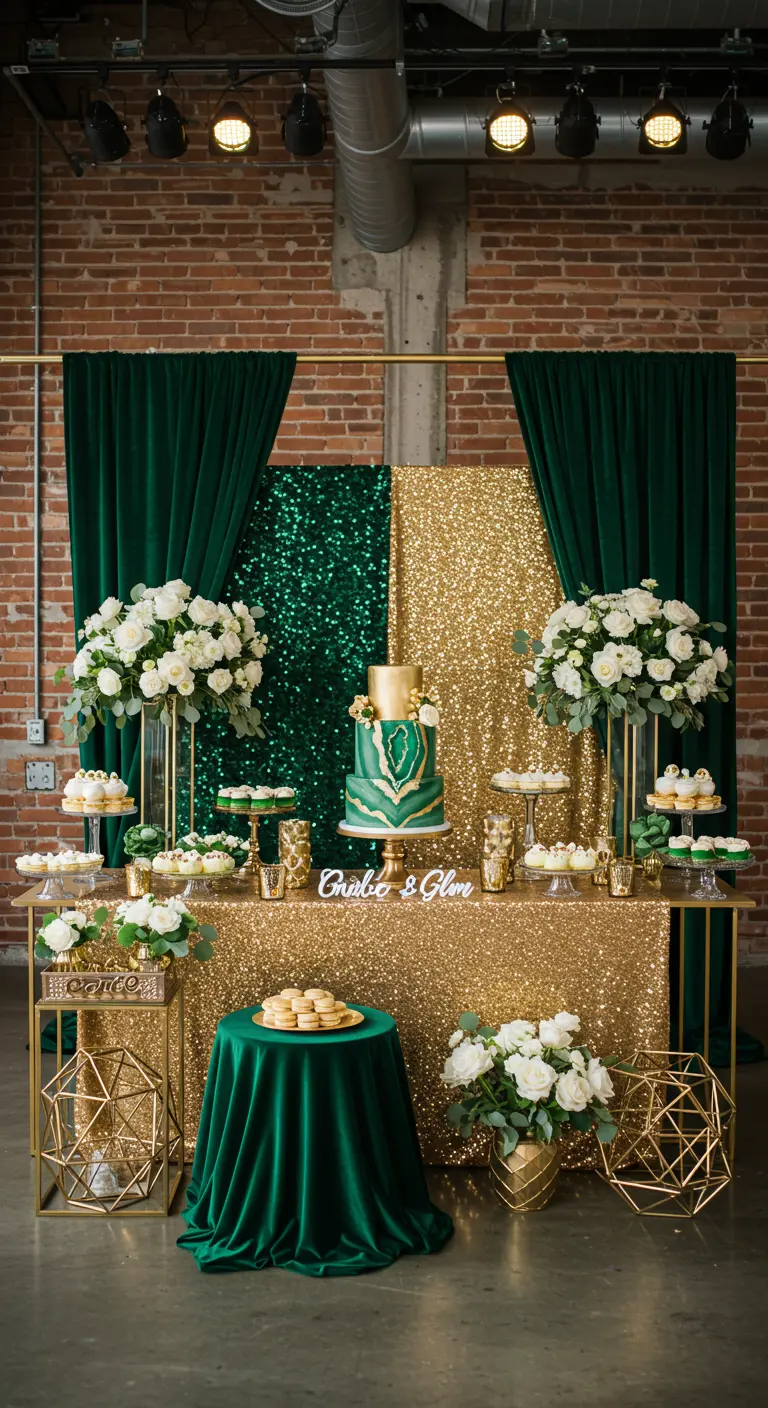 Chique gender reveal met emeraldgroen en goud glitter, witte bloemen.