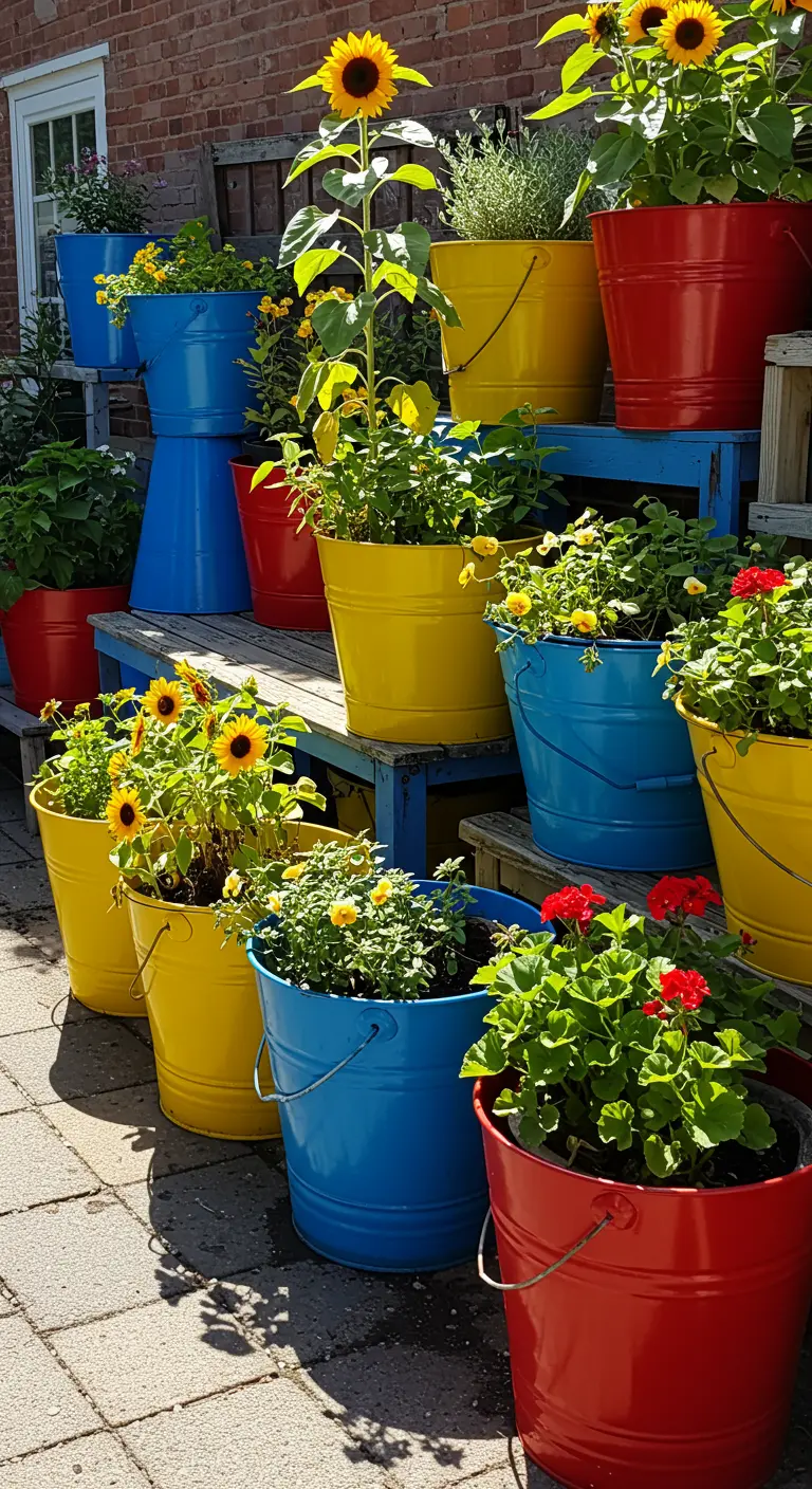 Verzameling van rode, gele en blauwe metalen emmers met zonnebloemen en bloeiende planten op treden.
