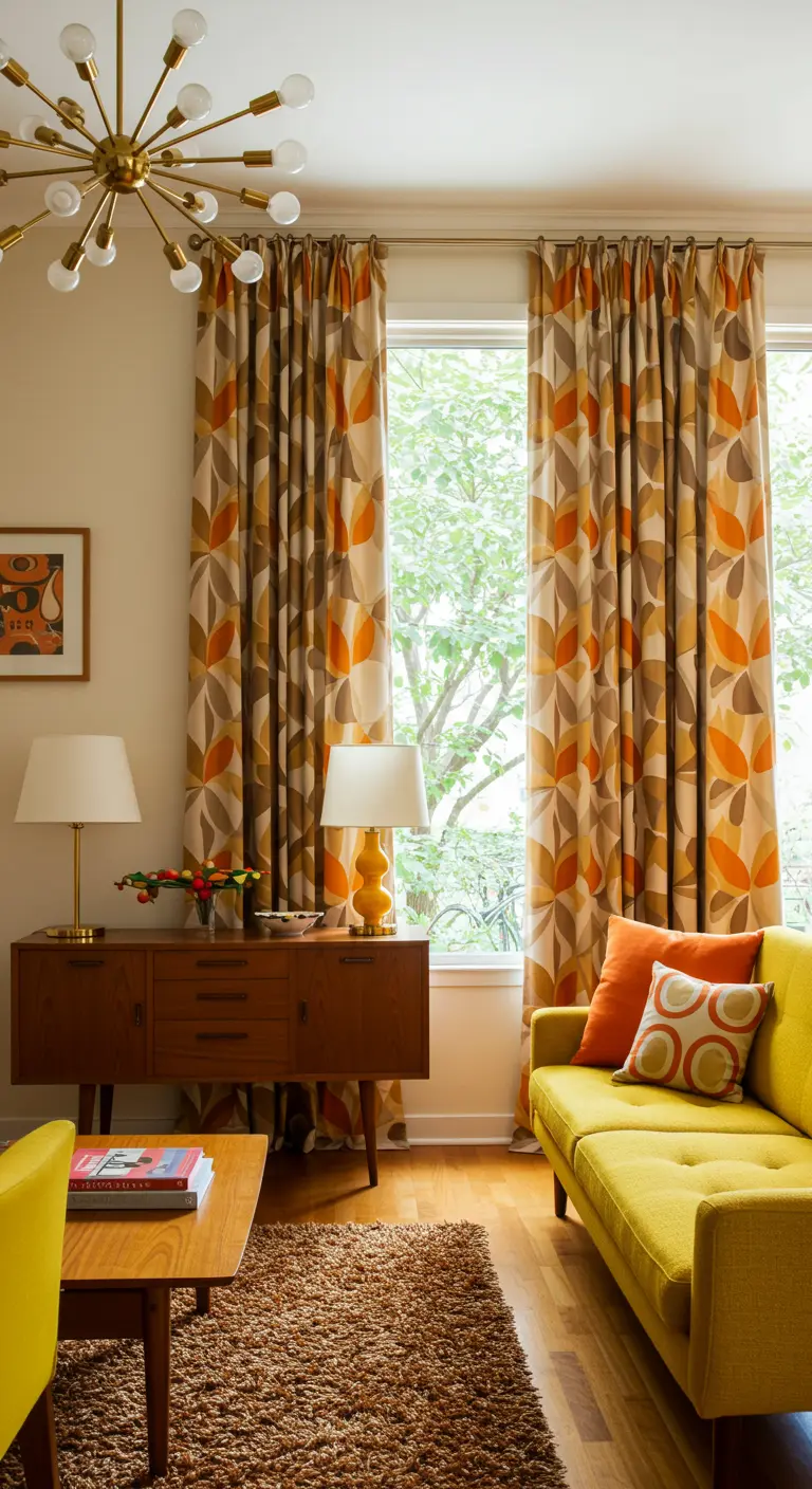 Retro woonkamer met oranje en bruine grafische gordijnen en een gele bank.