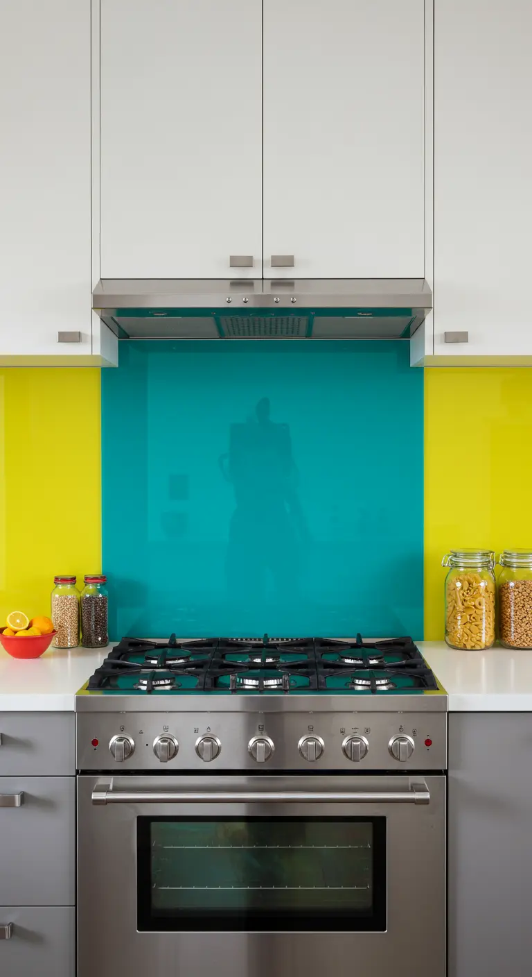 RVS fornuis met een glanzende turquoise glazen achterwand en gele accenten.