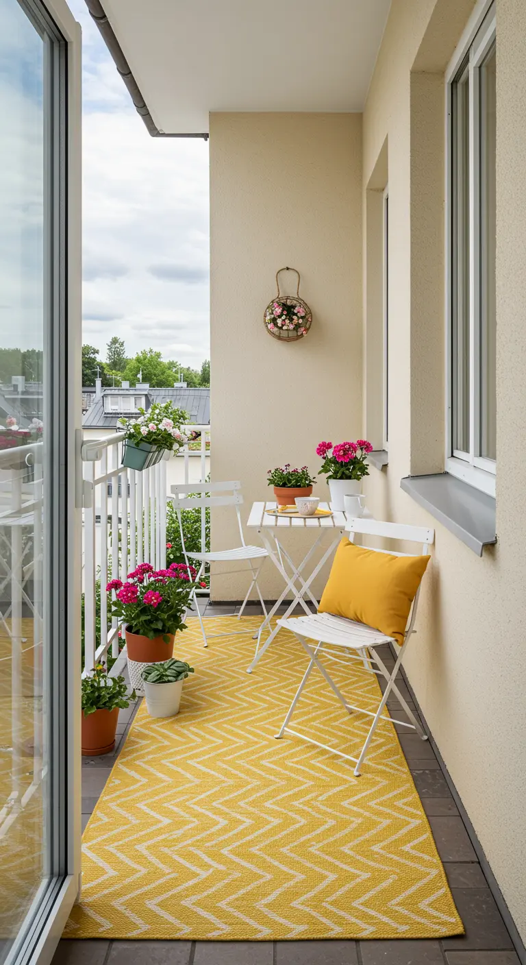 Balkon met geel zigzag buitenkleed en witte bistroset.
