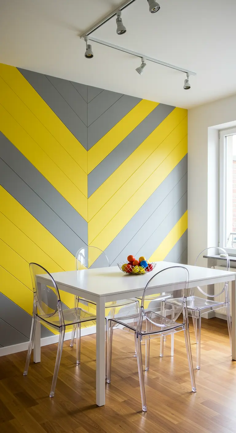 Eetkamer met gele en grijze houten wandpanelen in chevron-patroon.