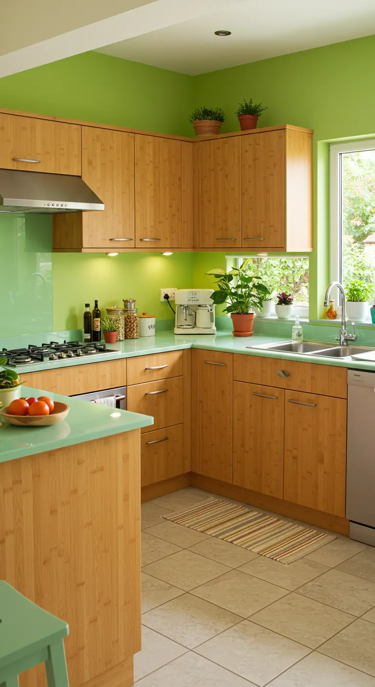 Houten keuken met limegroene muren, glazen achterwand en groene accenten.