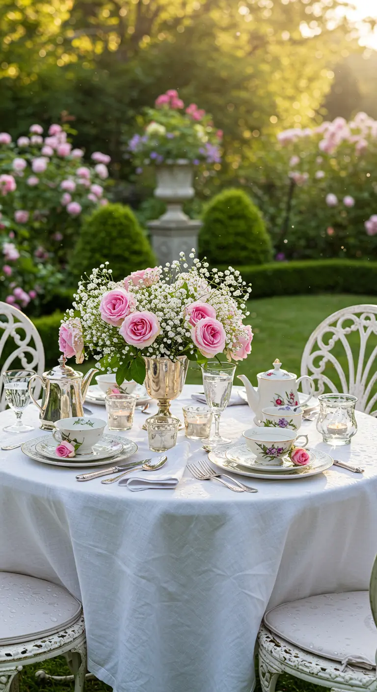 Ronde tafel met wit kleed in rozentuin, gedecoreerd met roze rozen, zilveren vaas en theeservies.
