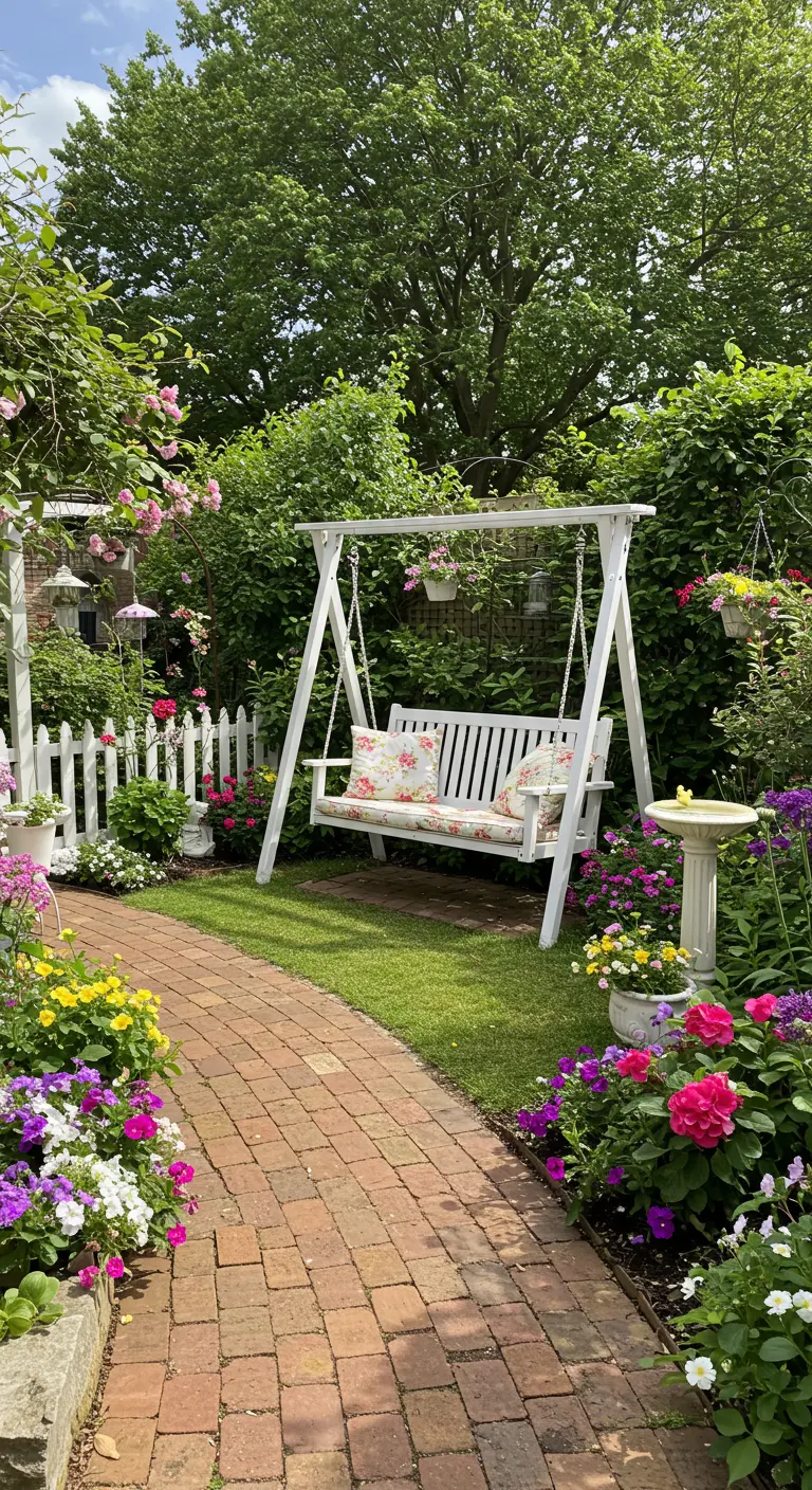Witte schommelbank in een weelderige, kleurrijke Engelse cottagetuin met rozen en bloemen.