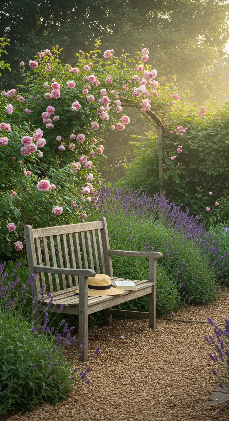 Houten tuinbankje tussen bloeiende rozen en lavendel, met strohoed en boek.