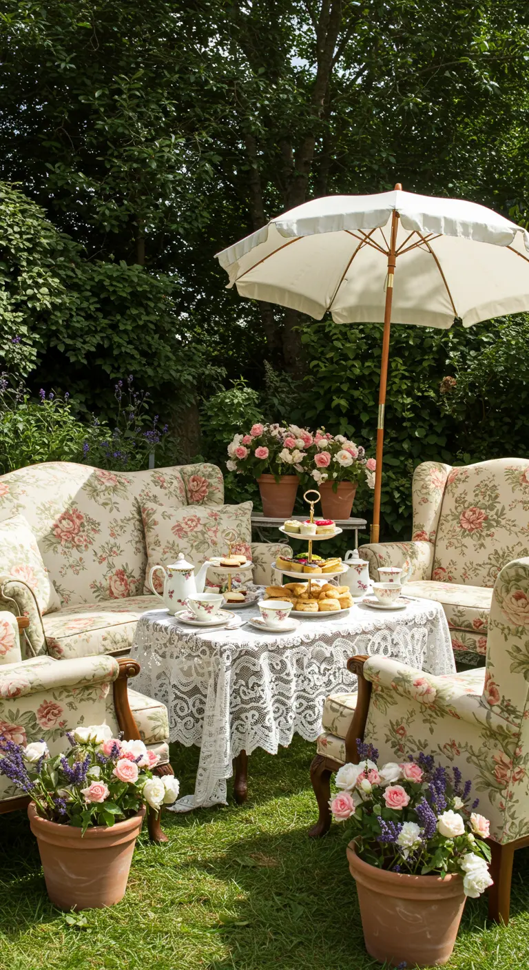 Engelse cottage garden lounge met gebloemde meubels, kanten tafelkleed en rozen.