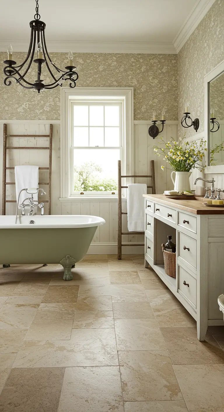 Engelse cottage badkamer met crème travertin vloer, saliegroen bad en bloemenbehang.