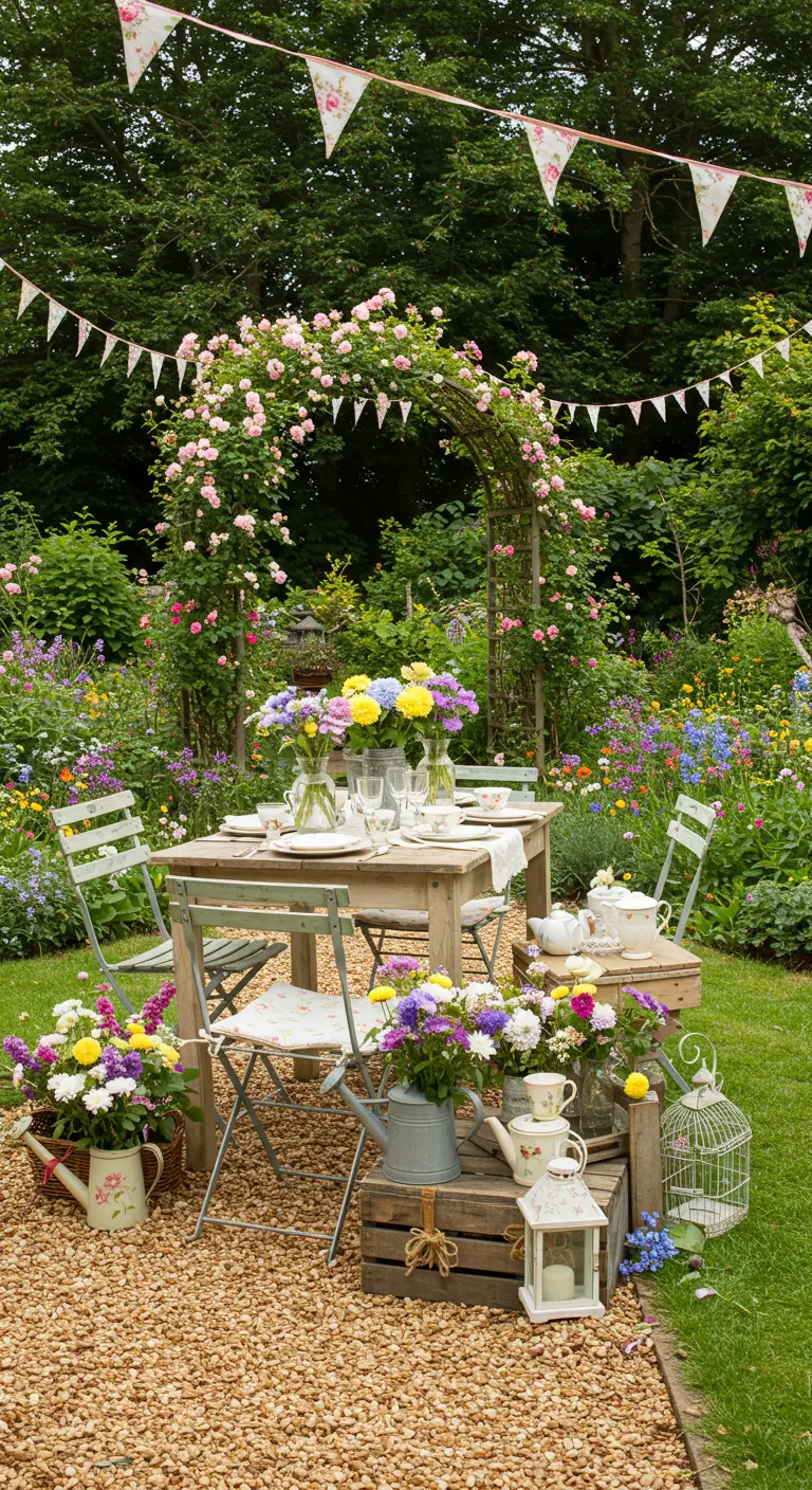Charmante Engelse cottage-tuin bruiloftssetting met veel kleurrijke bloemen.
