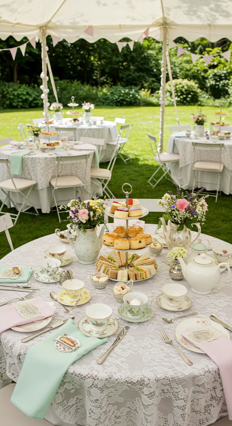 Gedetailleerde tafelsetting voor een Engelse high tea bruiloft met kant en vintage servies.