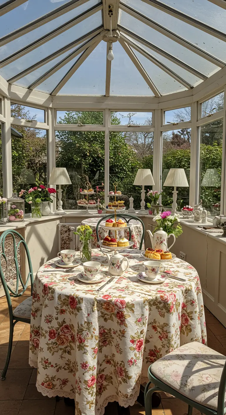 Klassieke high tea opstelling met bloemen en etagères in een lichte serre.