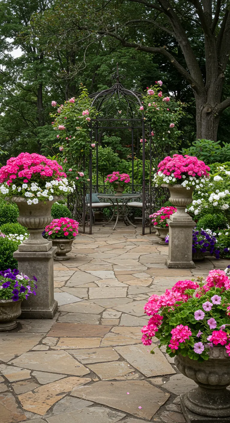 Romantisch terras met onregelmatige natuurstenen tegels, sierlijke bloempotten en een smeedijzeren prieel met klimrozen.