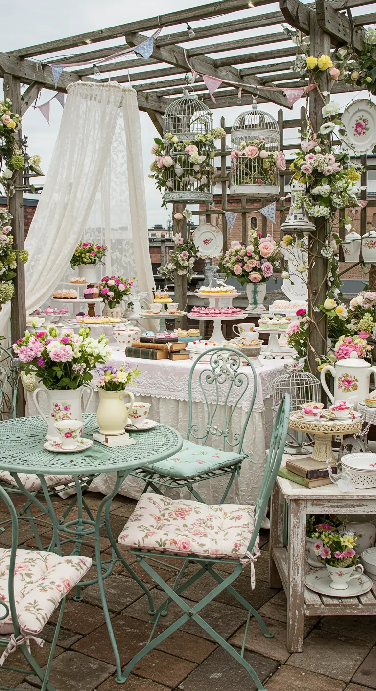 Romantische dakterras setting voor high tea met bloemen en vintage servies.