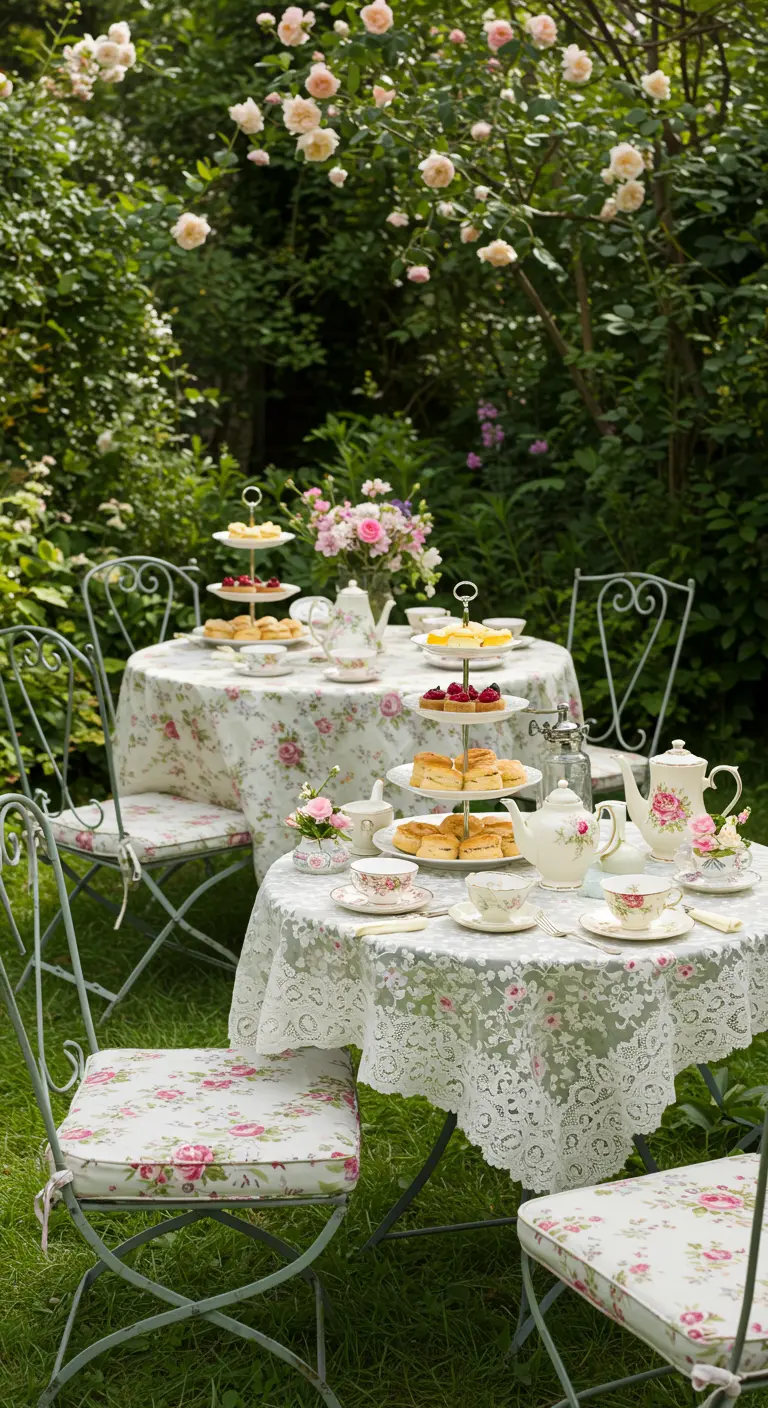 Engelse high tea opstelling in rozentuin met bloemenprint servies en kant.
