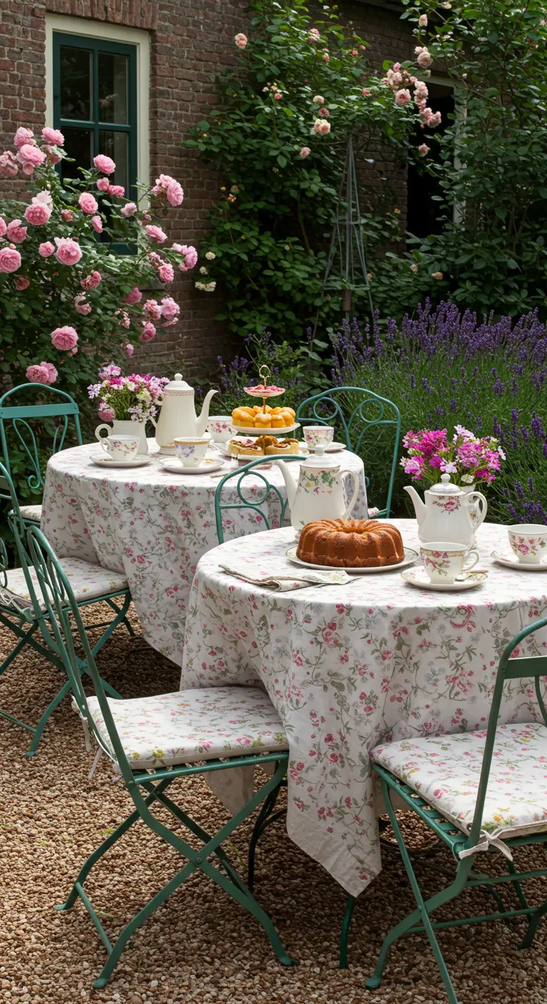 Romantische tuinsetting met bloemenprint, rozen en koffie met cake.